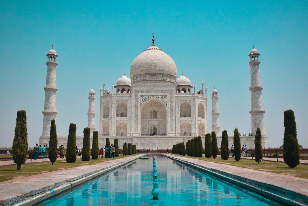 Taj Mahal in Agra India at sunrise with beautiful white marble architecture