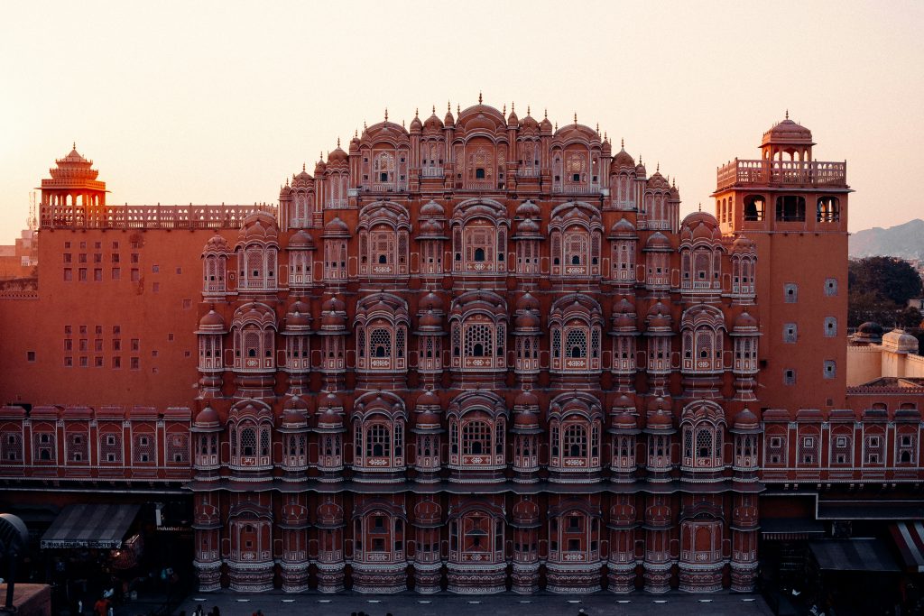 Hawa Mahal Jaipur Rajasthan India featuring the iconic Palace of Winds with intricate pink sandstone windows