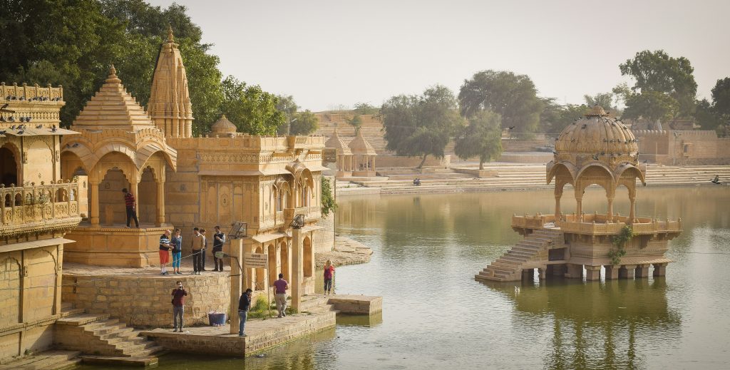 Gadisar Lake in Jaisalmer Rajasthan with historic temples and beautiful reflections