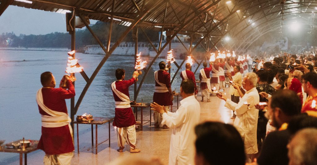 “Ganga Aarti ceremony at Triveni Ghat Rishikesh evening”